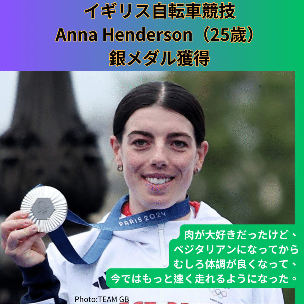 ヴィーガンアスリートAnna Henderson ヴィーガンアスリートAnna Henderson「絶対ベジになんかならない!」って豪語してたが、肉と動物の関係について考えた結果、今はガッツリヴィーガン。しかも、体が軽くなって速くなったっていうから驚き!パリオリンピックで銀メダルを獲得