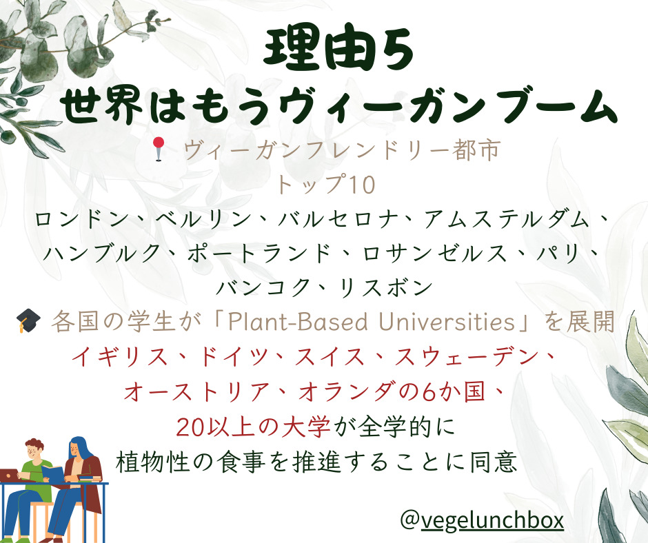 肉を食べない理由~世界はもうヴィーガンブーム!ヴィーガンフレンドリー都市のトップ10とPlant-Based Universities（植物性大学運動）