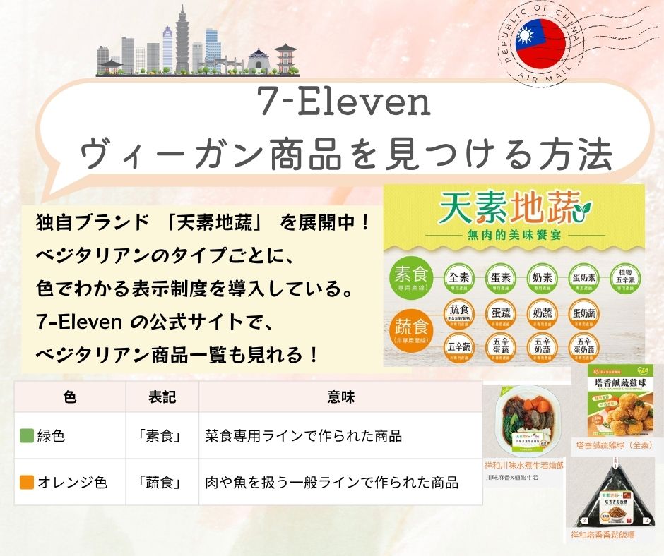 台湾ベジタリアン～7-Elevenコンビニでヴィーガン商品を見つける方法は簡単！独自のブランド「天素地蔬（てんそちそ）」を立ち上げ、各ベジタリアンのタイプごとにわかりやすい表示制度を導入しています。