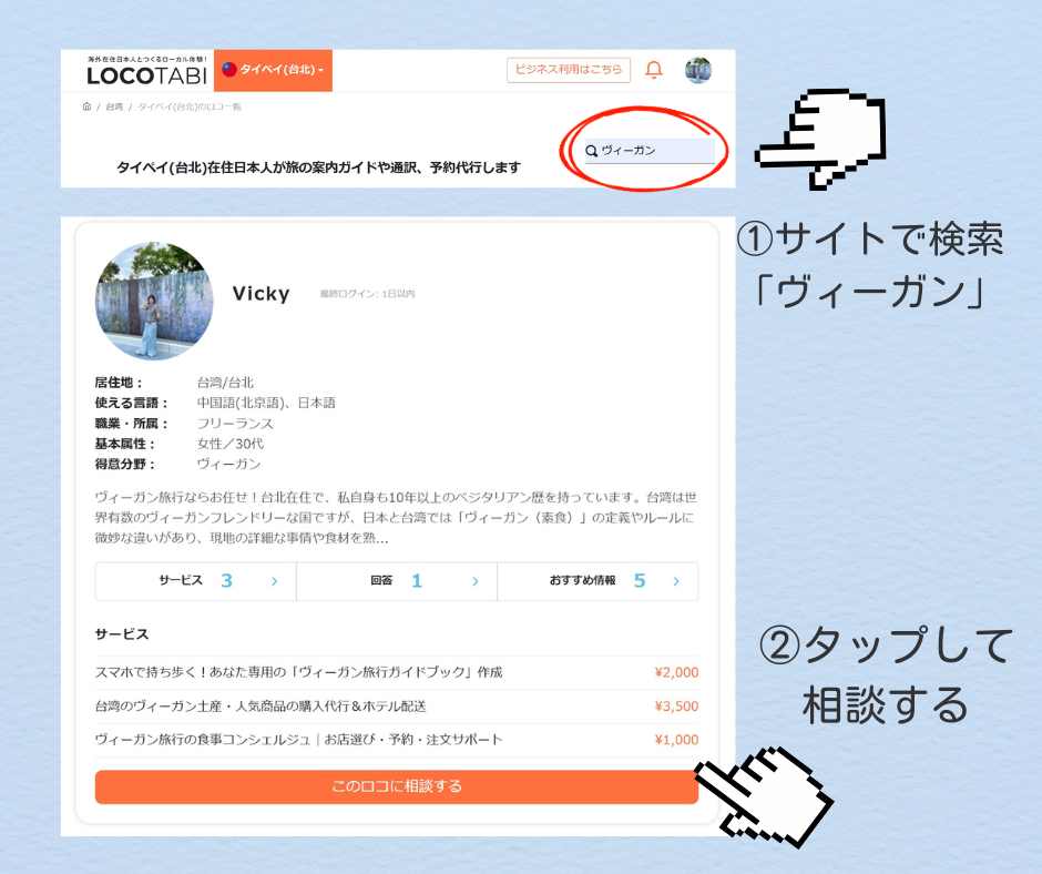 台北ロコタビのVickyです!台北のヴィーガン旅行に関する台湾のベジタリアン事情やプラン作成、お土産購入代行などのご相談は、ロコタビで気軽にご連絡ください。